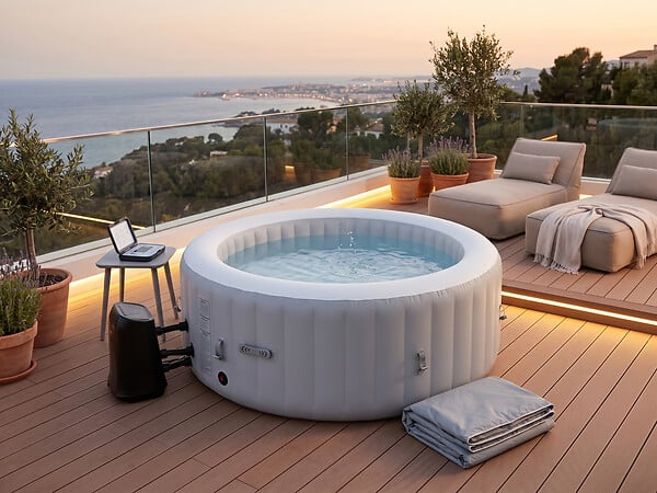 OSPAZIA - Spa gonflable 4 places - Forme ronde - SUNSHINE - Filtre et bâche inclus - Gris - large