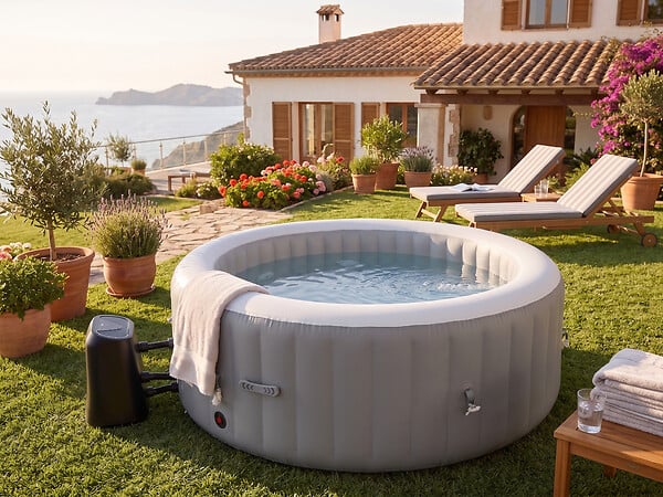 OSPAZIA - Spa gonflable 4 places - Forme ronde - SUNSHINE - Filtre et bâche inclus - Gris - large