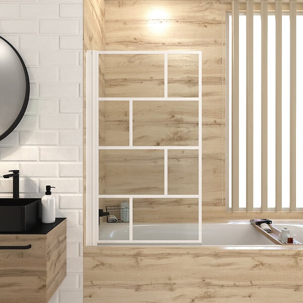 AURLANE - Pare Baignoire Rabattable 75x125cm - Sérigraphie Briques Blanches - Verre Trempé 4mm - large