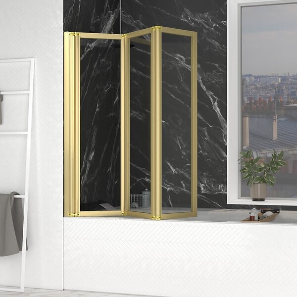 AURLANE - Pare baignoire Pivotant 3 Volets Or Brossé - 125x143 cm - Verre Trempé 4 mm - ZAGGY GOLD - large