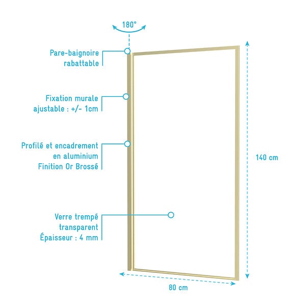 AURLANE - Pare baignoire rabattable 80x140cm - Finition Or Doré Brossé - GOLDY CONTOURING SCREEN - large
