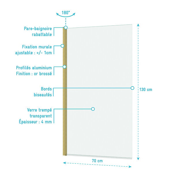 AURLANE - Pare baignoire Rabattable 70x130cm - Profilé finition Or Doré Brossé - Verre Trempé 4mm - ELEMENTARY - large