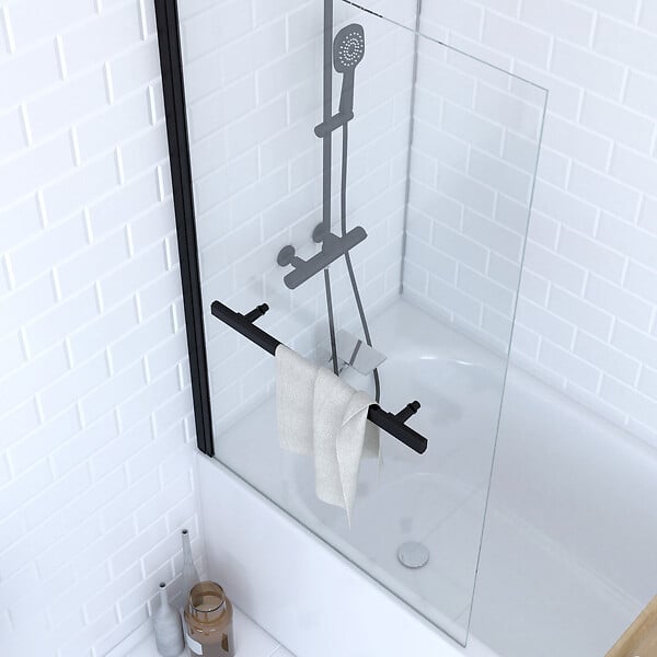 AURLANE - Pare baignoire Pivotant avec Porte-Serviette 85x150cm - Profilé Noir - Verre 6mm - TSHAPE DARK - large