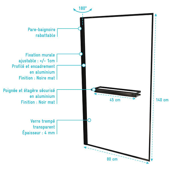 AURLANE - Pare baignoire Rabattable 80x140 cm en Verre Trempé - Porte-Serviette et Etagère Noir Mat - large