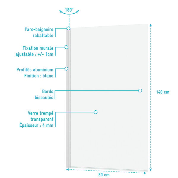 AURLANE - Pare baignoire Rabattable 80x140cm - Profilé Blanc Mat - Verre Trempé 4mm - ELEMENTARY - large