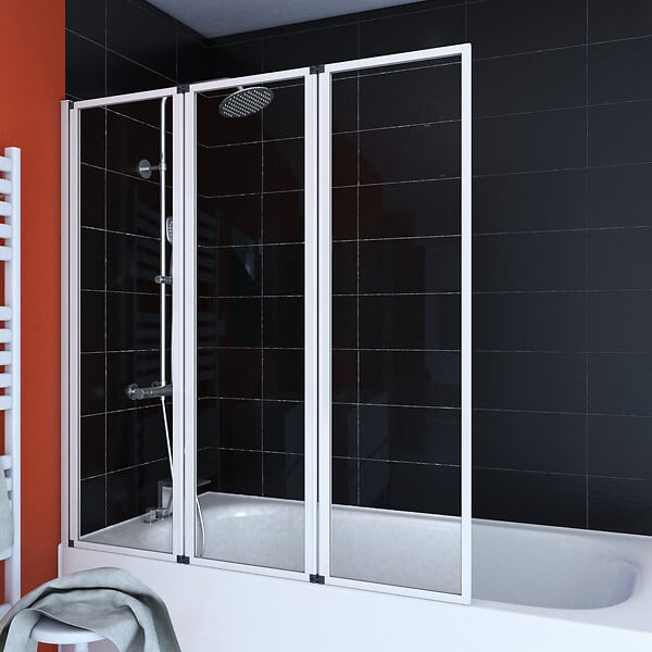AURLANE - Pare baignoire Pivotant 3 Volets Blanc - 125x143 cm - Verre Trempé 4 mm - ZAGGY WHITE - large