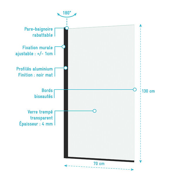 AURLANE - Pare baignoire Rabattable 70x130cm - Profilé Noir Mat - Verre Trempé 4mm - ELEMENTARY - large