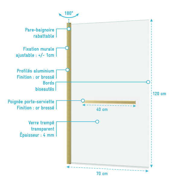 AURLANE - Pare baignoire Rabattable avec porte-serviette 70x120 cm - Profilé Or Brossé - Verre 4 mm - large