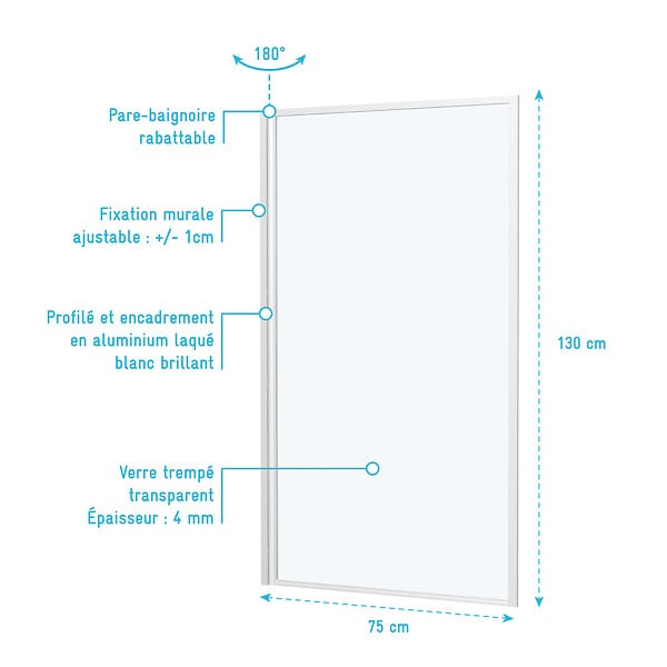 AURLANE - Pare baignoire rabattable 75x130cm - Finition Blanc - WHITE CONTOURING SCREEN - large