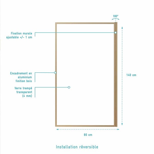 AURLANE - Pare baignoire Rabattable 80x140 cm - Cadre Aluminium Décor Bois - Verre Trempé Ondulé 4 mm - large