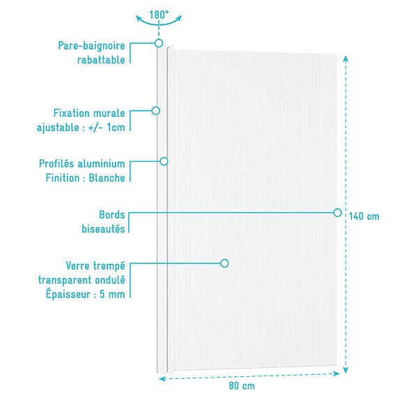 AURLANE - Pare baignoire Rabattable 80x140cm - Profilé Blanc - Verre Trempé Ondulé 5mm - WAVY - large