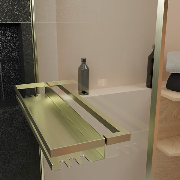 AURLANE - Pare baignoire Rabattable 75x130cm en Verre trempé - Porte-serviette et Etagère Or Doré Brossé - large