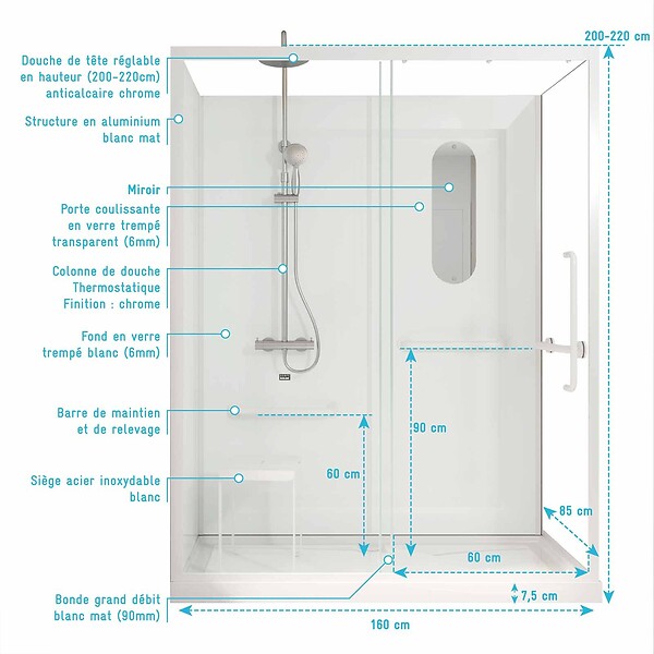 AURLANE - Cabine de douche blanche sécurisée et accessible à tous 160x85x220cm - Mitigeur Thermostatique - large