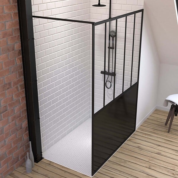 AURLANE - Pack Paroi de douche 140x200 cm noir mat + Receveur de douche a carreler 140x90 cm recoupable - large