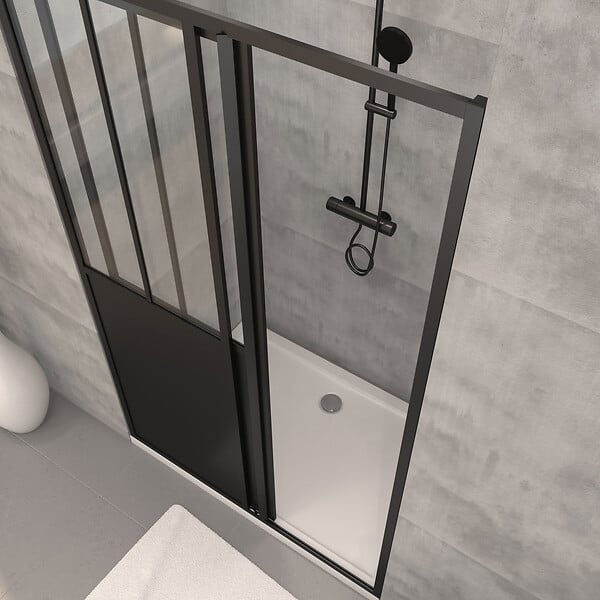 AURLANE - Pack Porte Coulissante Noire Mate Type 'Atelier' et Receveur en Acrylique Blanc - 140x90x200 cm - large