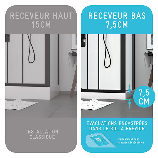 AURLANE - Cabine de douche 110x80cm / Receveur Bas - Verre transparent sérigraphié et Blanc - Profilés Noir - large