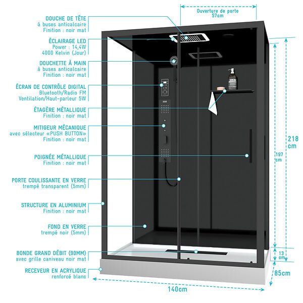 AURLANE - Cabine de douche Hydromassante 140x85x218 cm - Porte coulissante - Fonds & Profilés Noir Mat - large