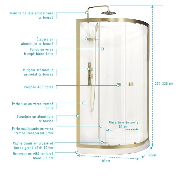 AURLANE - Cabine de douche Quart de cercle 90x90x200/230cm - Receveur Bas - Fonds Blancs et Profilés Or Brossé - large