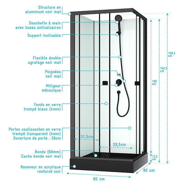 AURLANE - Cabine de douche intégrale 80x80x200 cm carrée - Portes coulissantes - Receveur Noir Mat - large