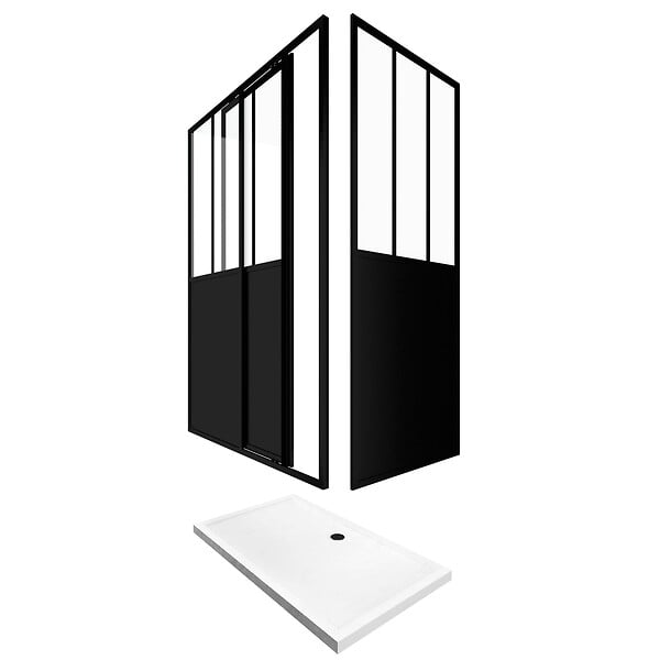 AURLANE - Pack Paroi porte de douche coulissante + retour 80 cm type atelier + receveur blanc 120x200 cm - large