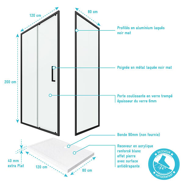 AURLANE - PACK PAROI PORTE DE DOUCHE + PAROI RETOUR + RECEVEUR A POSER - 120x80 COULISSANTE -CRUSH MOON 120x80 - large