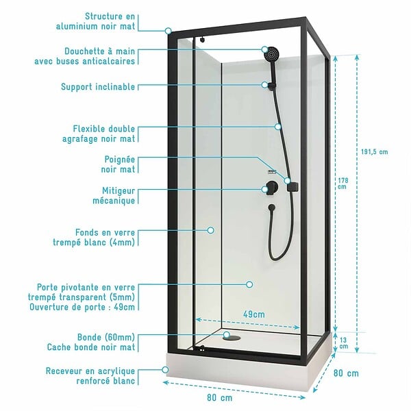 AURLANE - Cabine de douche carrée 80x80x200 cm - Porte pivotante - Fonds Blancs & Profilés Noir Mat - large