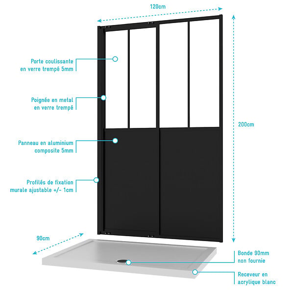AURLANE - Pack Porte Coulissante Noire Mate Type 'Atelier' et Receveur en Acrylique Blanc - 120x90x200 cm - large