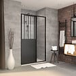 AURLANE - Porte Coulissante Noire Mate 'Atelier' et Receveur à Grille Linéaire Effet Pierre - 120x80x200 cm - vignette