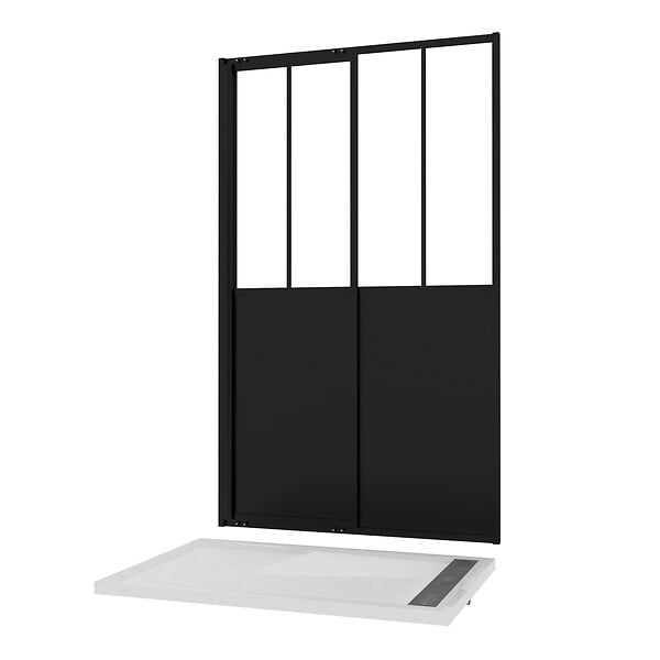 AURLANE - Porte Coulissante Noire Mate 'Atelier' et Receveur à Grille Linéaire Effet Pierre - 120x80x200 cm - large