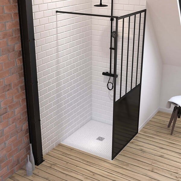 AURLANE - Pack Paroi de douche 90x200 cm noir mat + Receveur haut a poser 90X90cm - blanc effet pierre - large