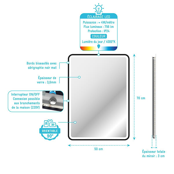 AURLANE - Miroir salle de bain avec eclairage LED et contour noir - 50x70cm - GO BLACK LED - large