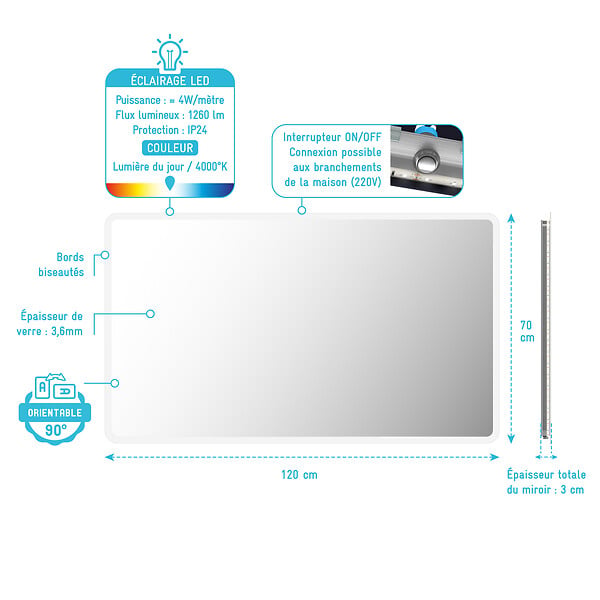 AURLANE - Miroir salle de bain avec eclairage LED - 120x70cm - GO LED - large