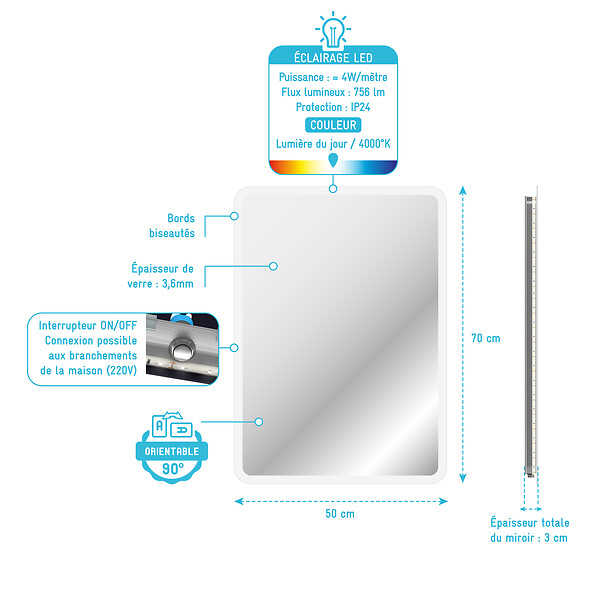 AURLANE - Miroir salle de bain avec eclairage LED - 50x70cm - GO LED - large