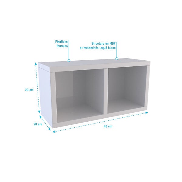 AURLANE - Etagère murale 40x20x20cm blanche de rangement 2 emplacements - PERSONALYZ DUO - large