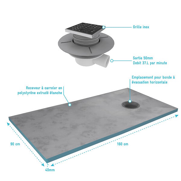 AURLANE - Receveur de Douche à Carreler 90x160 cm avec Bondes à Sortie Horizontale - Grille Inox - large