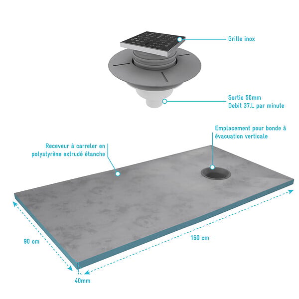 AURLANE - Receveur de Douche à Carreler 160x90 cm avec Bondes à Sortie Verticale - Grille Inox - large