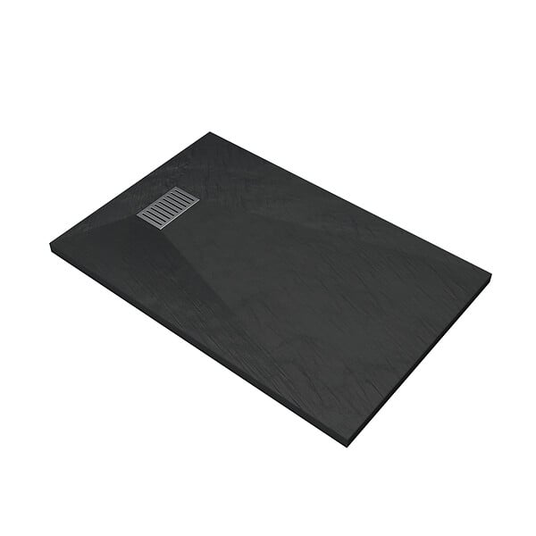 AURLANE - Receveur de douche Noir Effet Pierre 80x120 cm et Grille décor Linéaire en Inox - large
