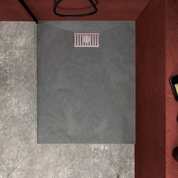 AURLANE - Receveur de douche Gris Effet Pierre 80x100 cm et Grille décor Linéaire en Inox - large