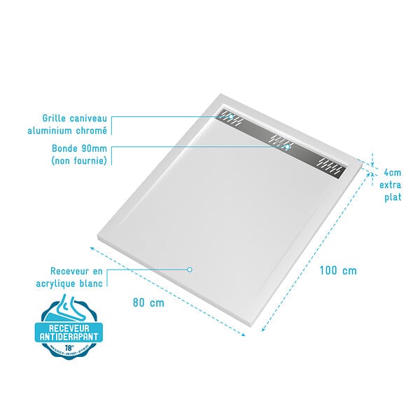 AURLANE - Receveur en acrylique Blanc 80x100x4 cm - Grille Linéaire Chrome - WHITENESS II - large