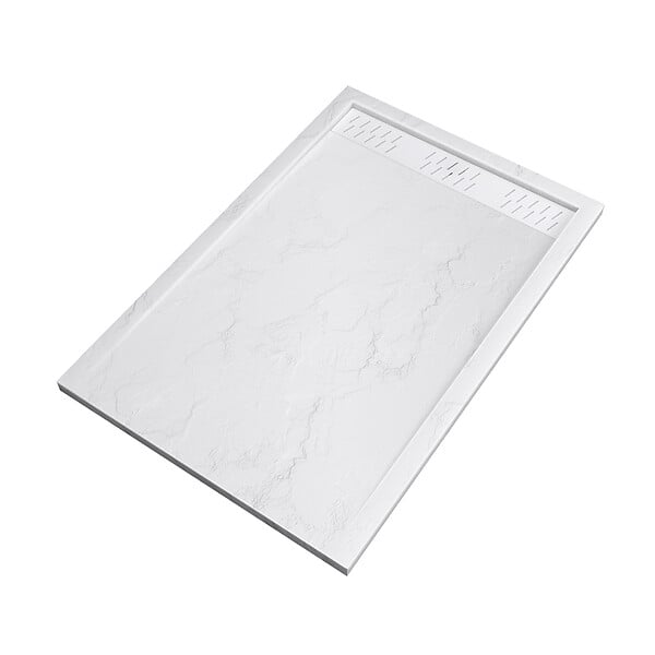 AURLANE - Receveur en acrylique Blanc Effet Pierre 80x120x4 cm + Grilles Linéaires Chrome et Blanche Mate - large