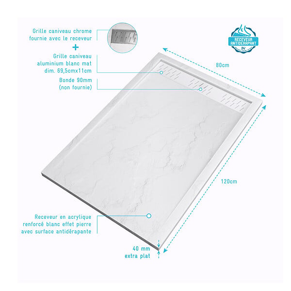 AURLANE - Receveur en acrylique Blanc Effet Pierre 80x120x4 cm + Grilles Linéaires Chrome et Blanche Mate - large
