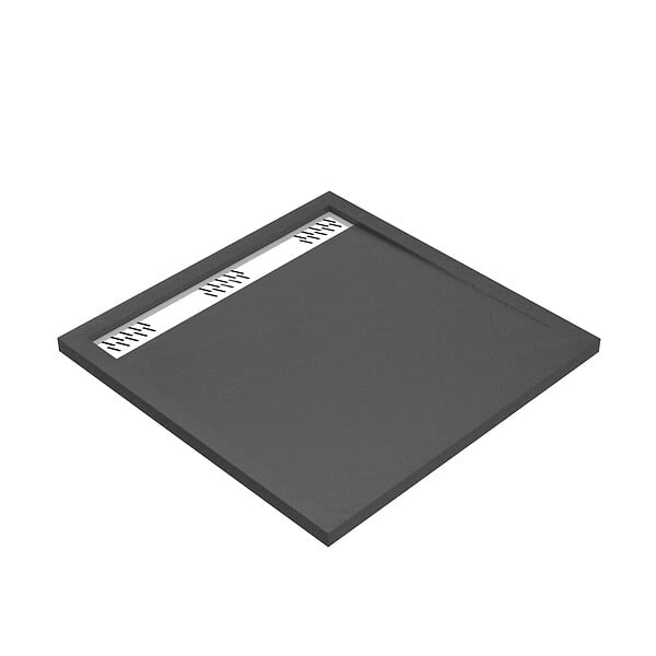 AURLANE - Receveur en acrylique Gris Effet Pierre 90x90x4 cm - Grille Linéaire Chrome - METEORA - large