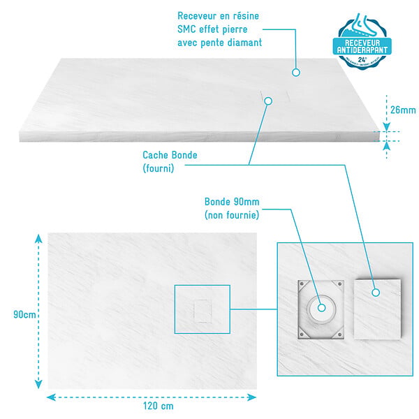 AURLANE - Receveur à poser en materiaux composite SMC - Finition ardoise blanc mat - 90x120 cm - ROCK 2 WHITE - large