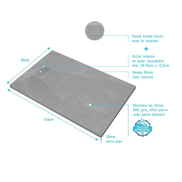 AURLANE - Receveur de douche Gris Effet Pierre 90x140 cm et Grille décor Linéaire en Inox - large