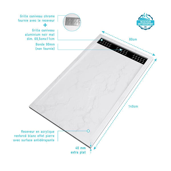 AURLANE - Receveur en acrylique Blanc Effet Pierre 80x140x5 cm + Grilles Linéaires Chrome et Noire - MOON - large
