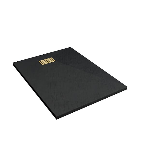 AURLANE - Receveur de douche Noir Effet Pierre 90x120 cm et Grille décor Linéaire Or Doré Brossé - large