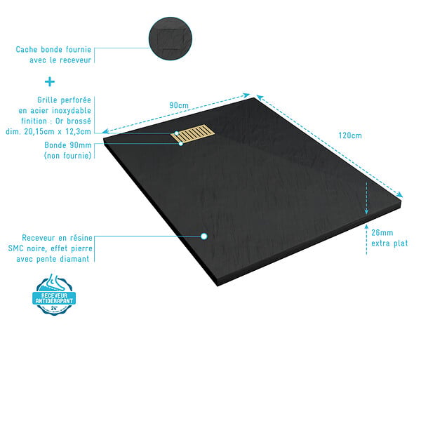 AURLANE - Receveur de douche Noir Effet Pierre 90x120 cm et Grille décor Linéaire Or Doré Brossé - large