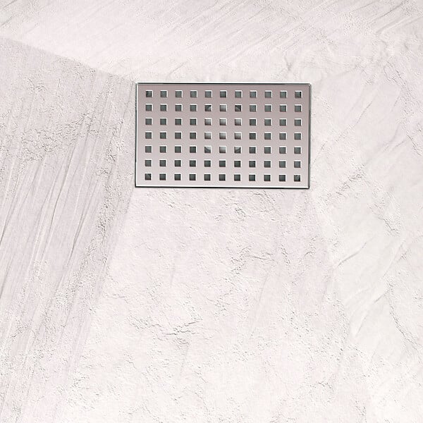 AURLANE - Receveur de douche Blanc Effet Pierre 90x140 cm et Grille décor Perforée en Inox - large