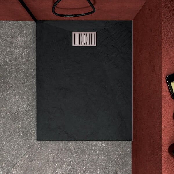 AURLANE - Receveur de douche Noir Effet Pierre 80x100 cm et Grille décor Linéaire en Inox - large