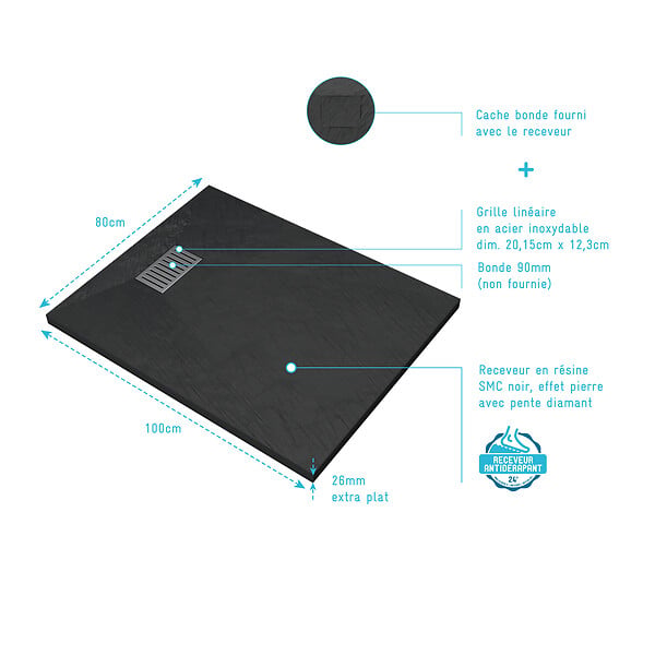 AURLANE - Receveur de douche Noir Effet Pierre 80x100 cm et Grille décor Linéaire en Inox - large